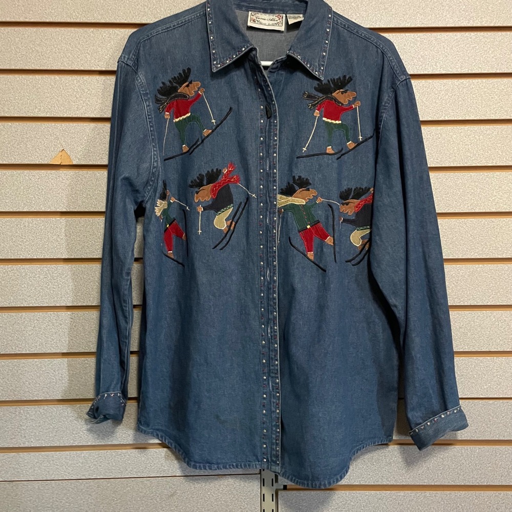 Carrie Allen Vintage Denim Shirt Skiing Moose Embroidered Blue‎ Button Up Large
